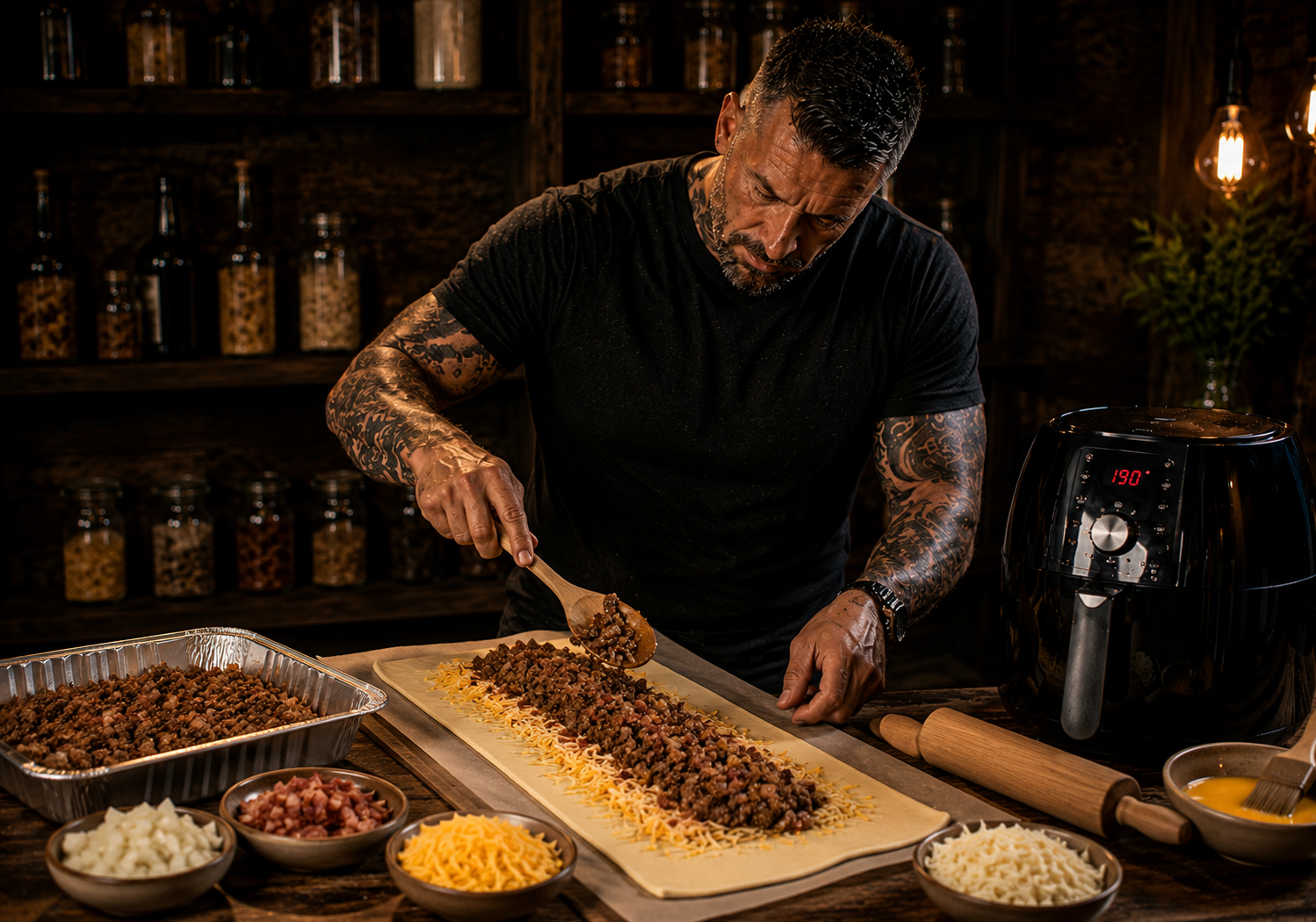 Air-Fryer Beef & Bacon Cheeseburger Rolls preparation stage