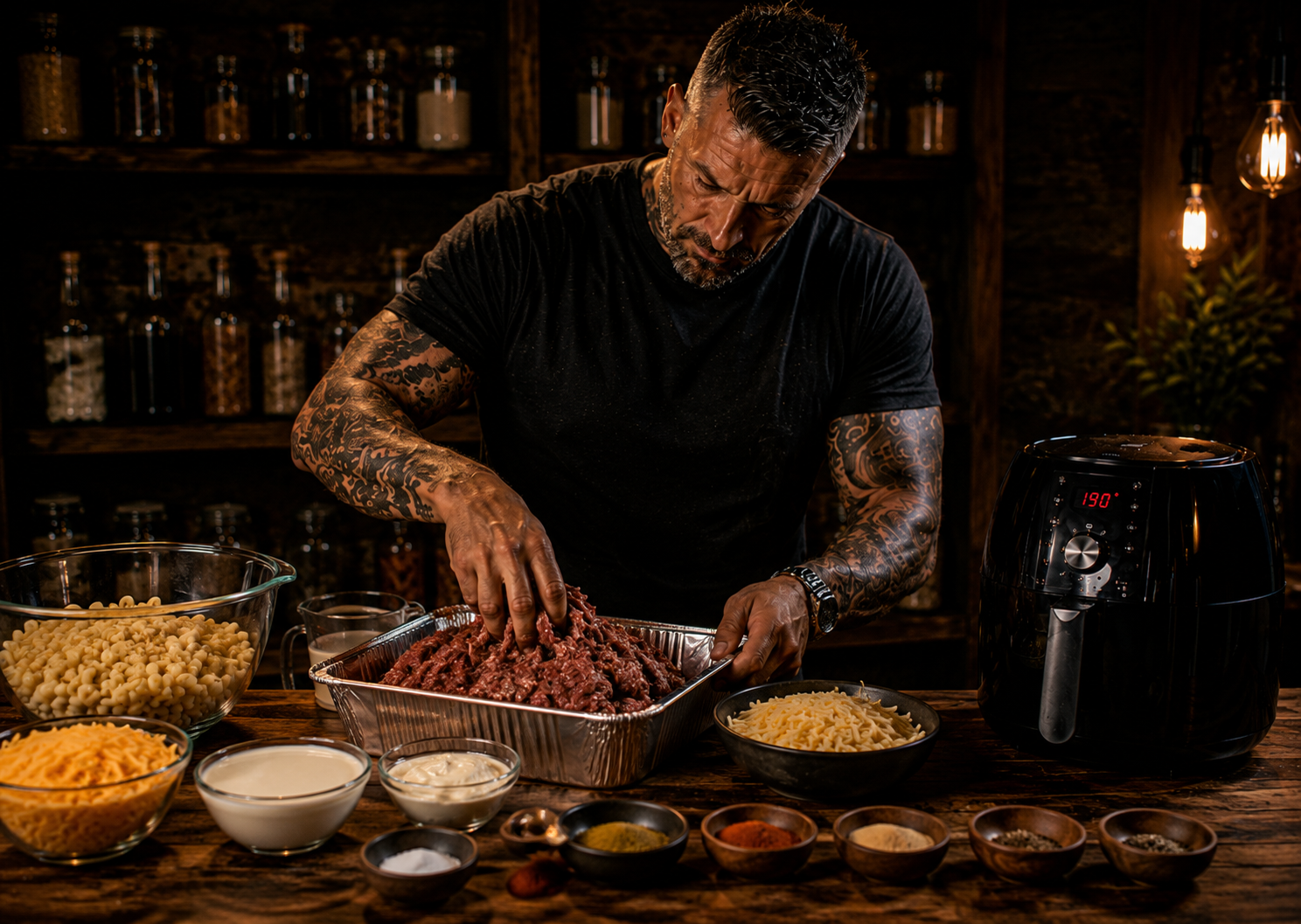Air-Fryer Beef Brisket Mac & Cheese Pots preparation stage