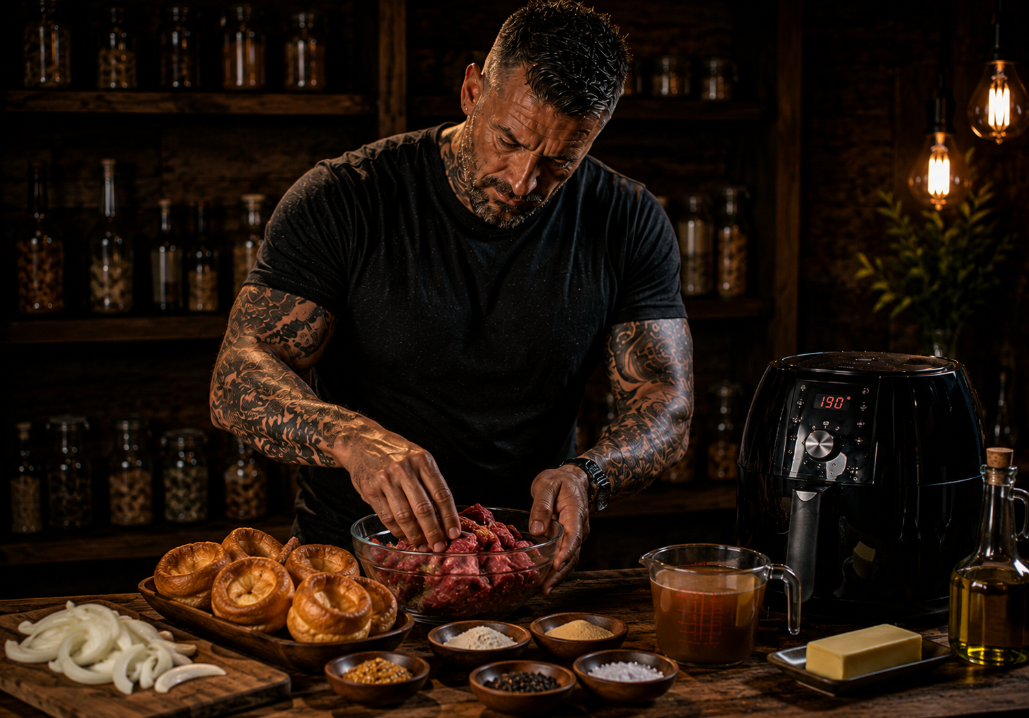 Air-Fryer Beef & Onion Gravy Yorkshire Pudding Trays preparation stage