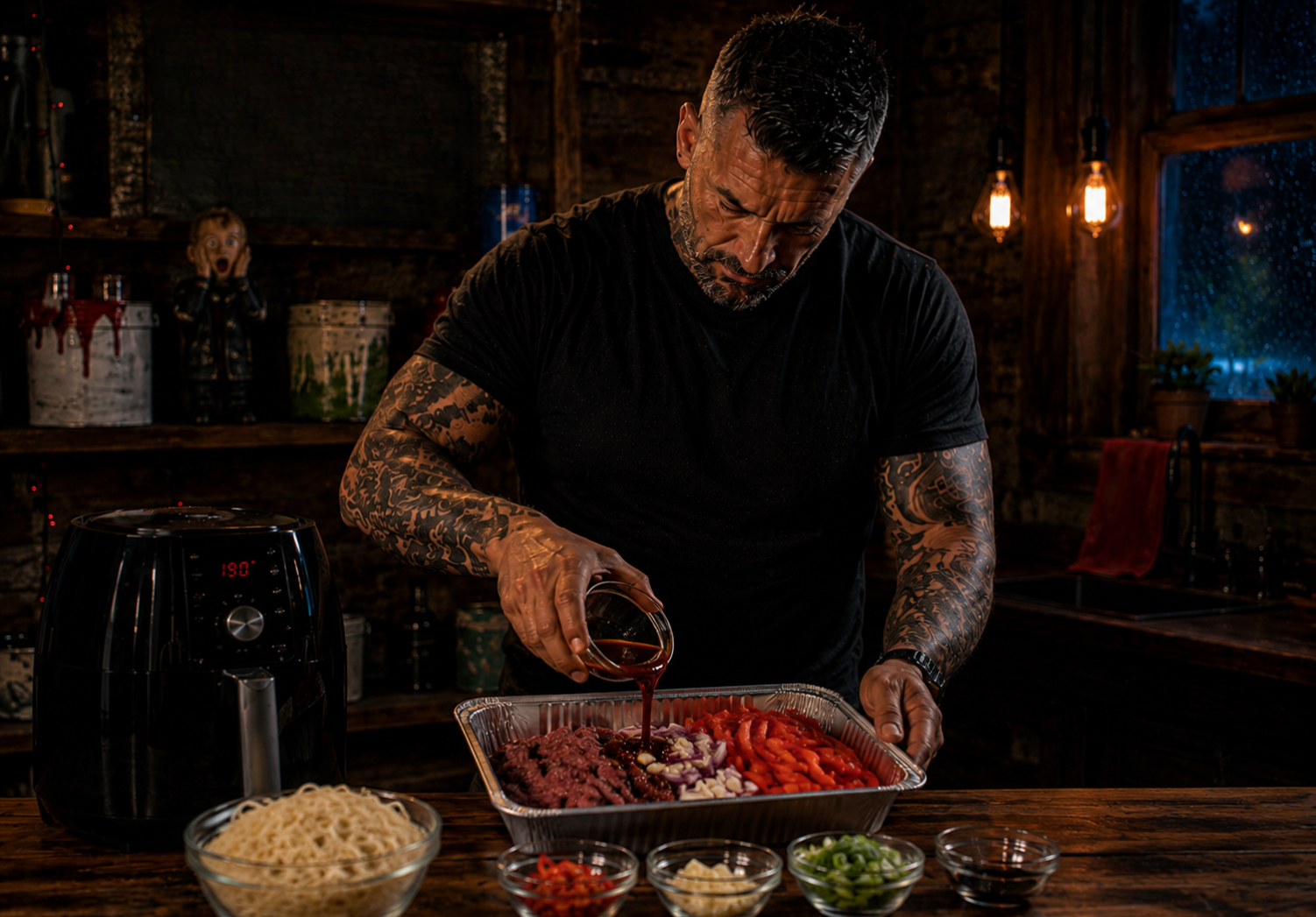 Air-Fryer Beef & Pepper Noodle Bowl preparation stage