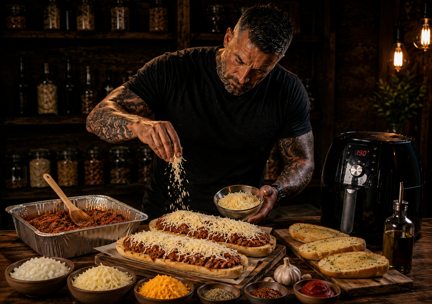 Air-Fryer Beef Ragù Garlic Bread Melts preparation stage