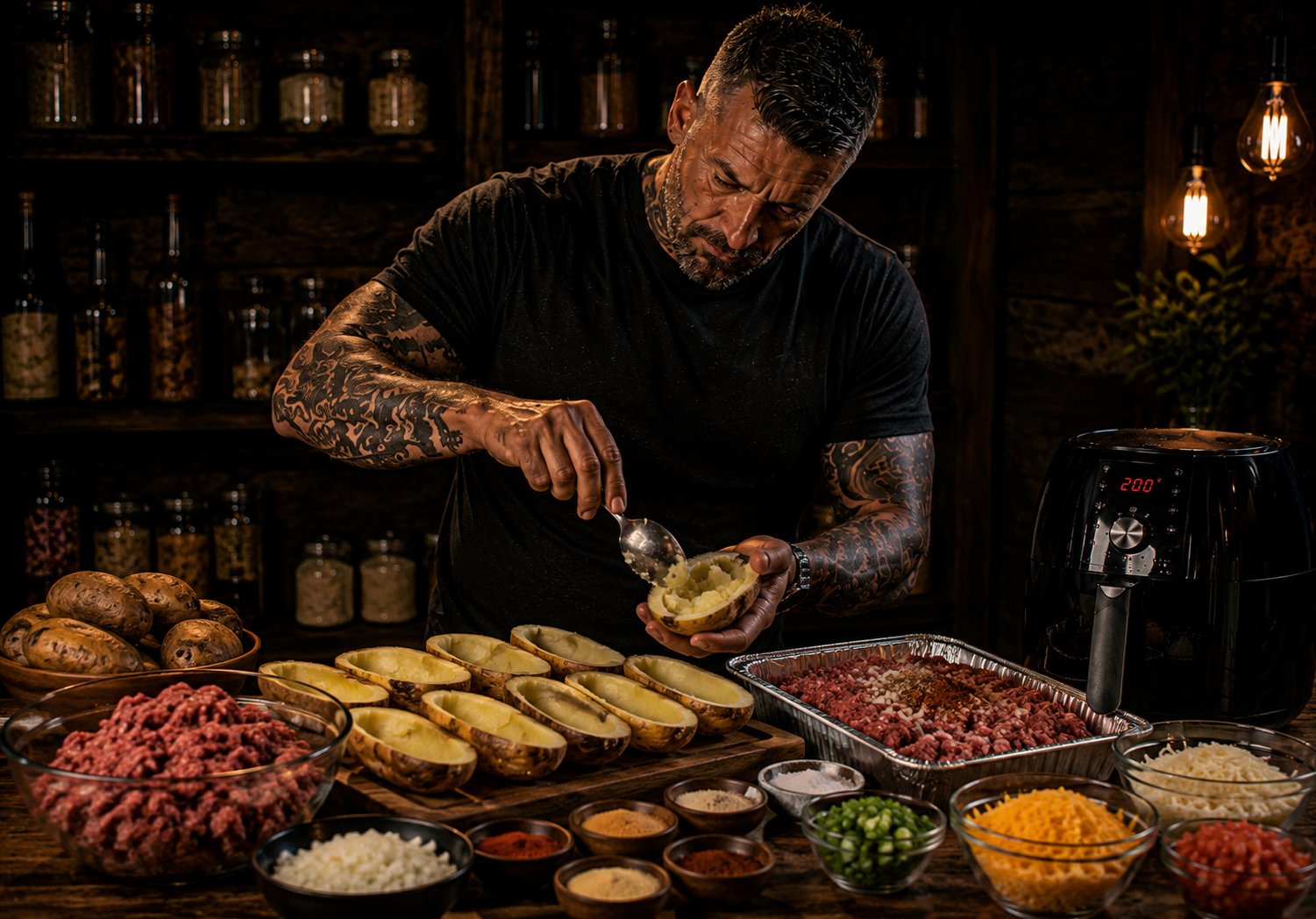 Air-Fryer Beef Taco Loaded Potato Skins preparation stage