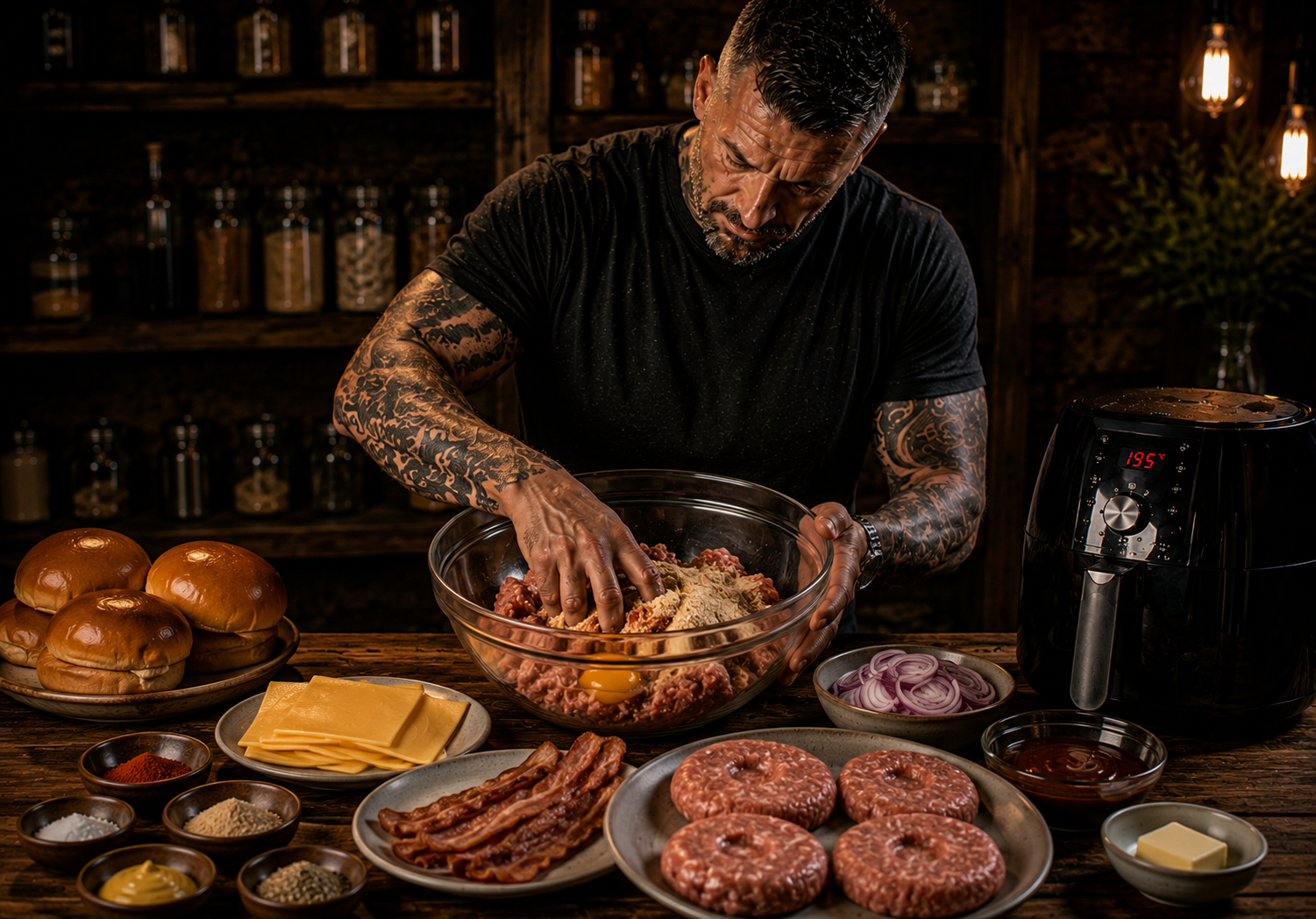 Air Fryer Blackened BBQ Turkey Burger Stacks preparation stage
