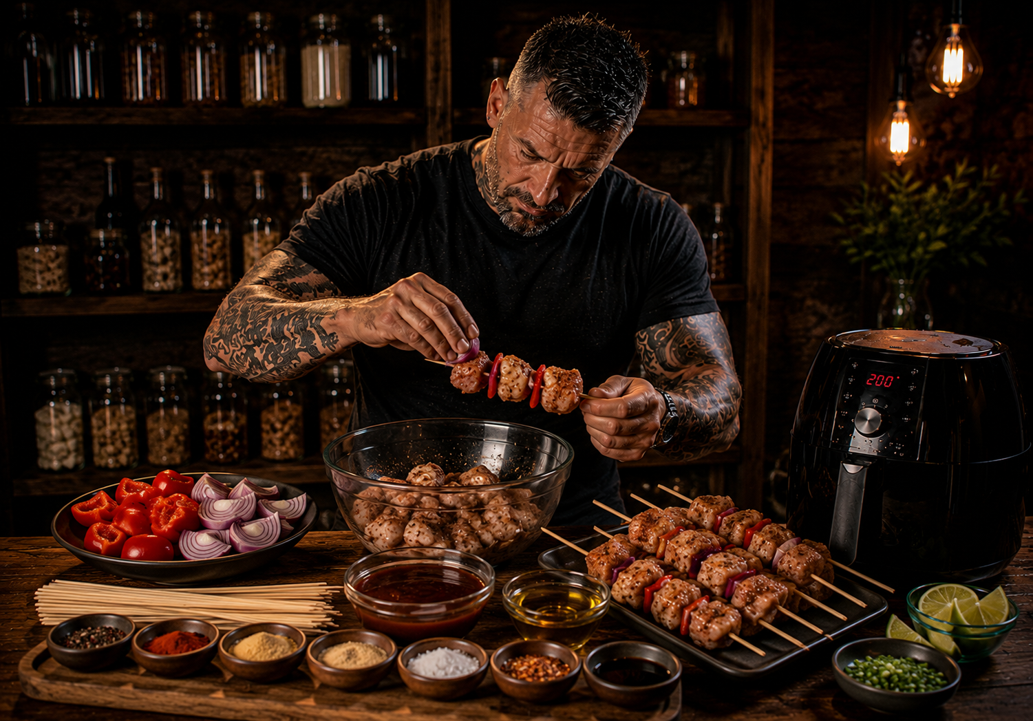 Air Fryer Black Pepper BBQ Chicken Skewers preparation stage