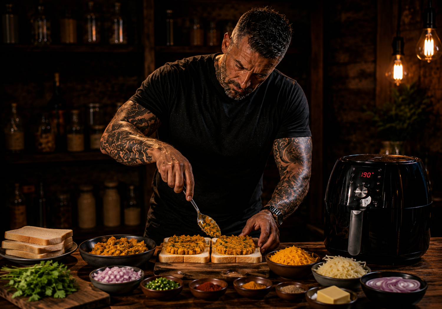 Air-Fryer Bombay Chilli Cheese Toasties preparation stage