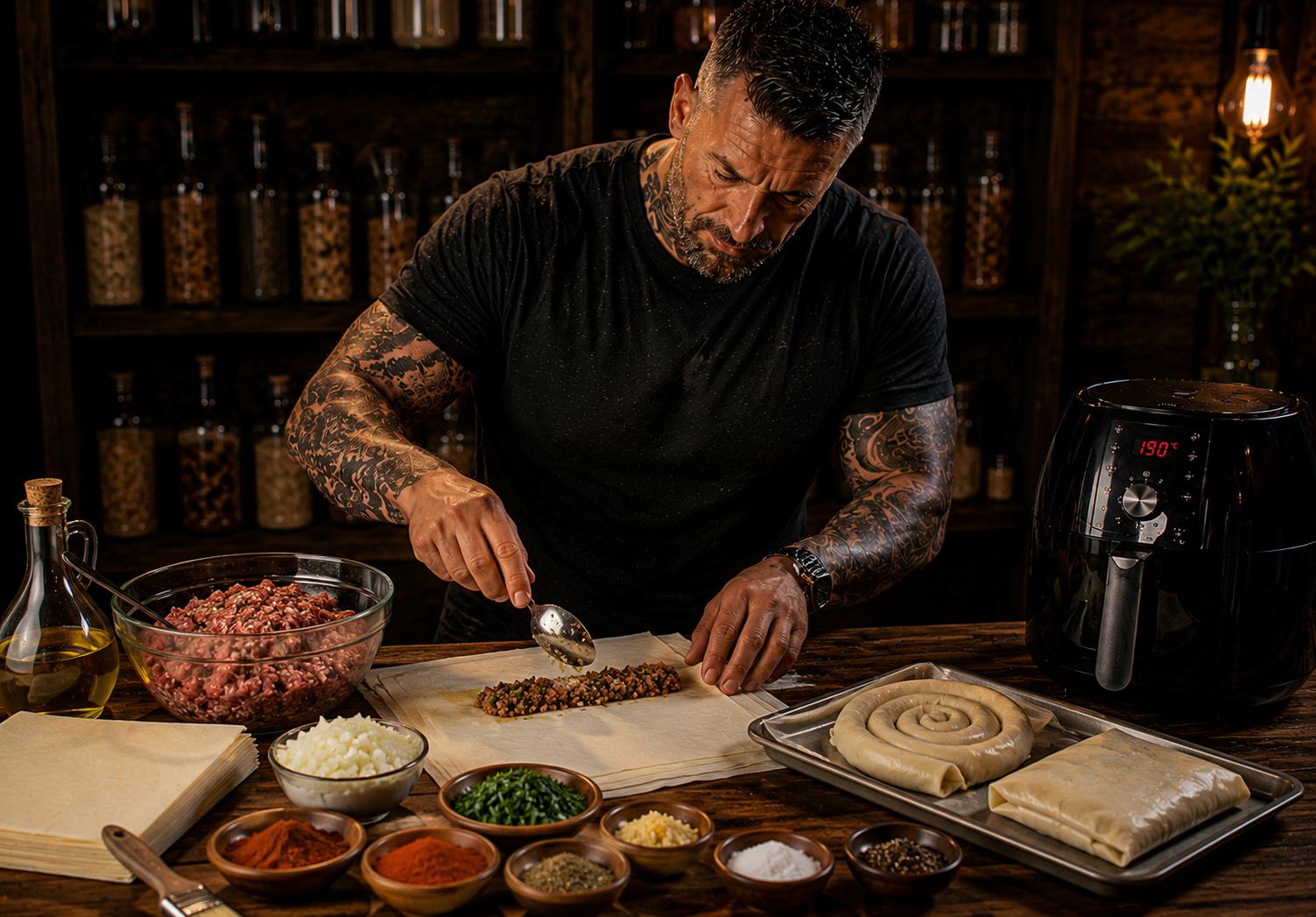 Air-Fryer Bosnian Burek Beef Parcels preparation stage