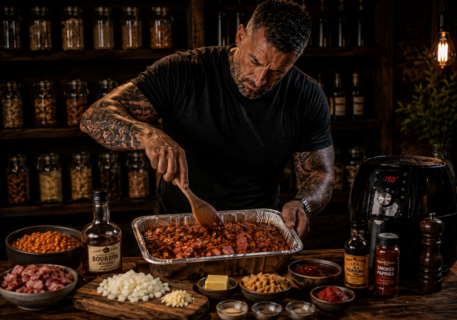 Air Fryer Bourbon Bacon Baked Bean Trays preparation stage