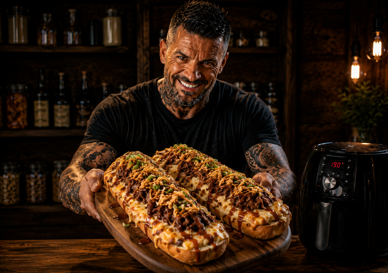 Air-Fryer Brisket Mac Loaded Garlic Bread