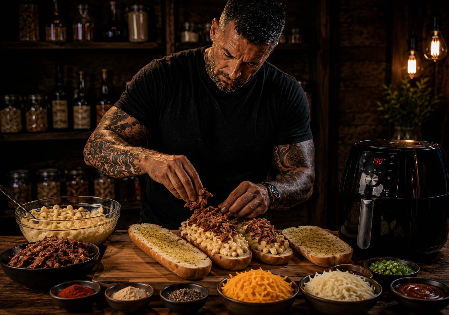 Air-Fryer Brisket Mac Loaded Garlic Bread preparation stage