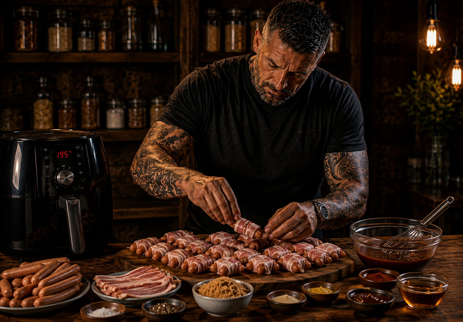 Air Fryer Brown Sugar Bacon Wrapped Sausage Bites preparation stage