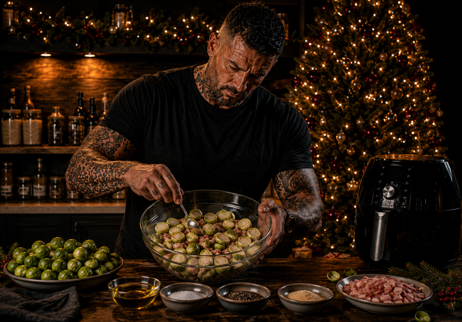 Air-Fryer Brussels Sprouts with Bacon preparation stage