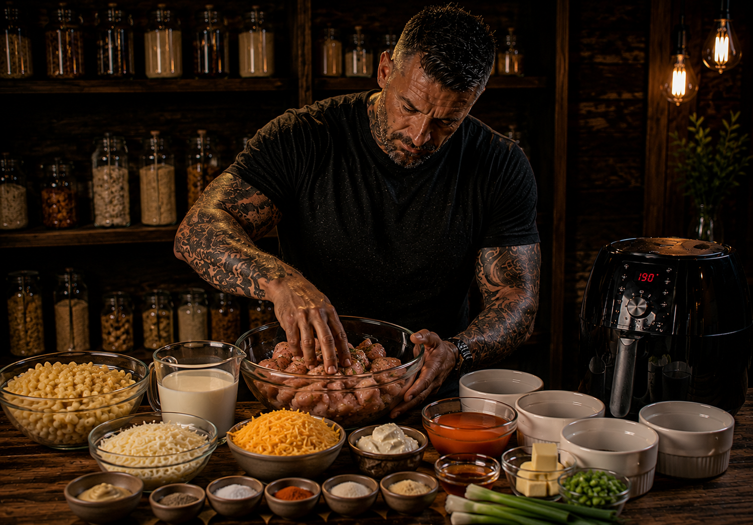 Air-Fryer Buffalo Chicken Mac Pots preparation stage