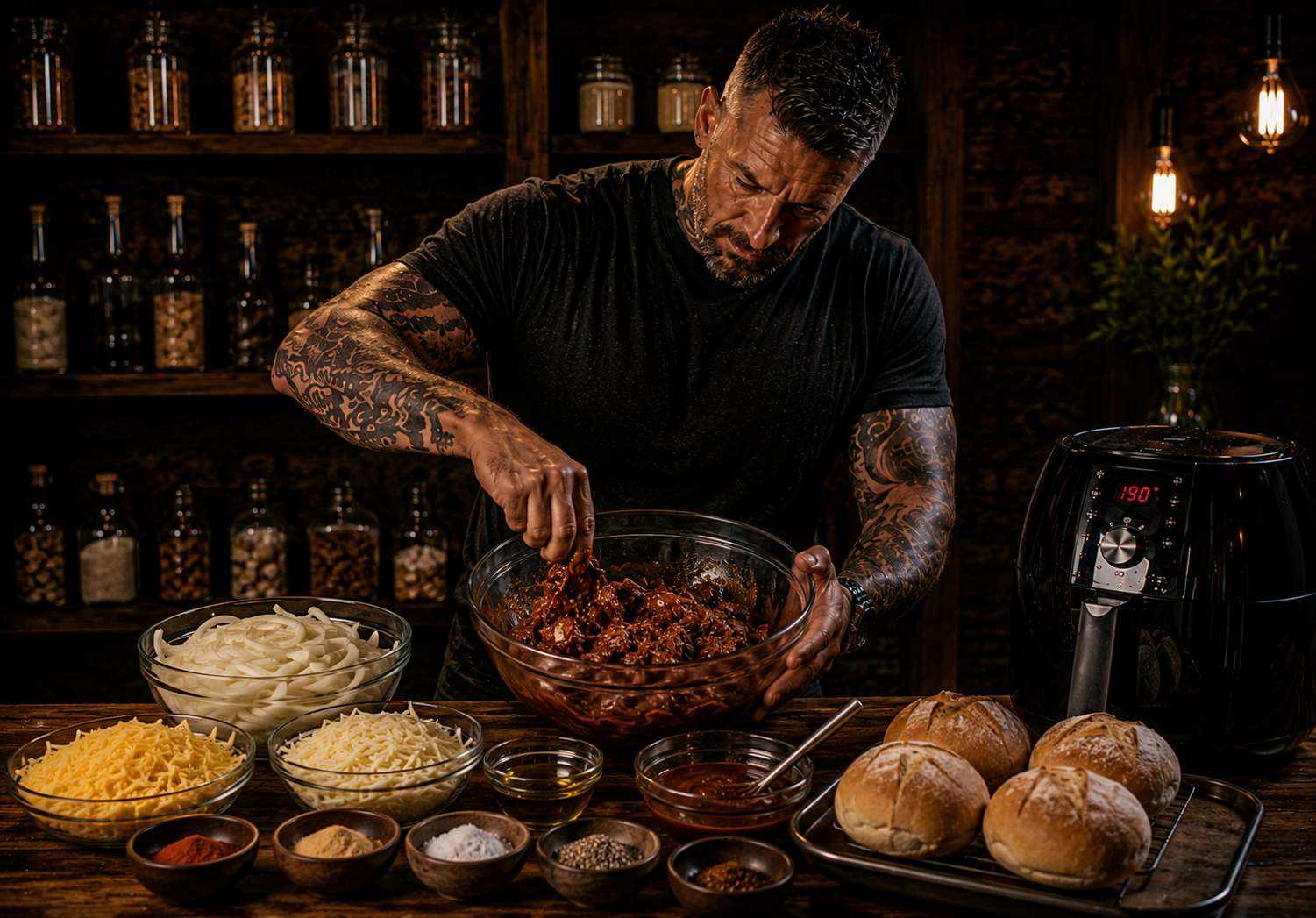Air Fryer Burnt-End Beef & Onion Rolls preparation stage