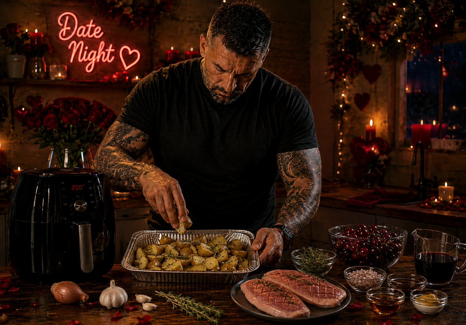 Air-Fryer Balsamic Duck Breast with Cherry & Red Wine Glaze preparation stage