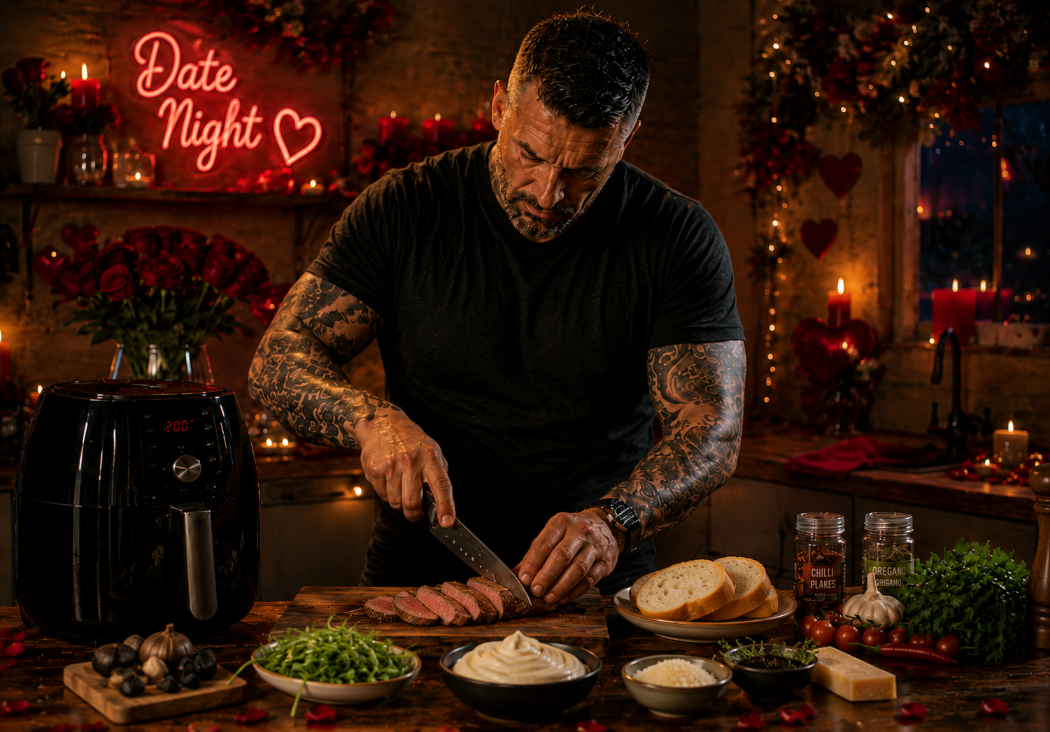 Air-Fryer Black Garlic Steak Crostini with Whipped Parmesan preparation stage