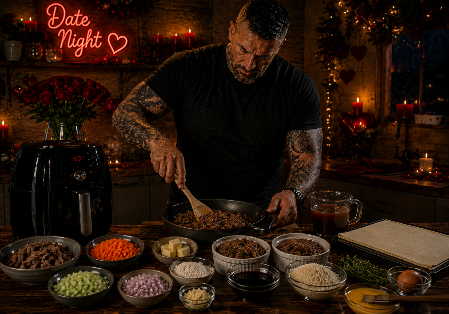 Air-Fryer Braised Oxtail Croquette Pie with Red Wine Gravy preparation stage