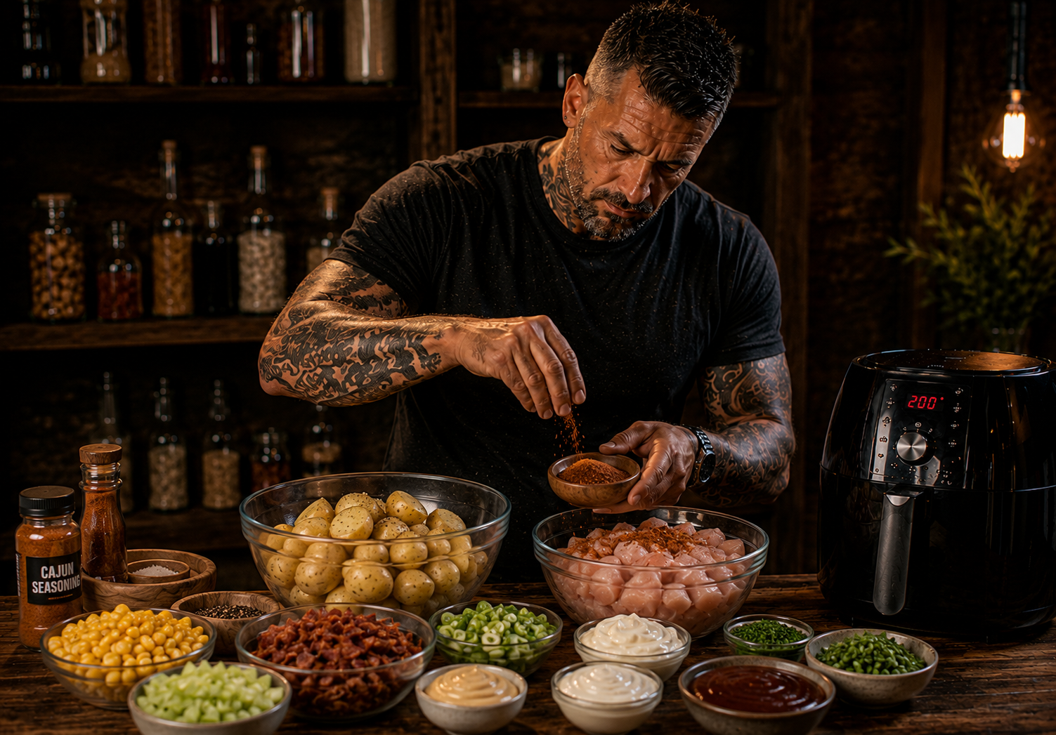 Air Fryer Cajun BBQ Chicken Potato Salad Boxes preparation stage