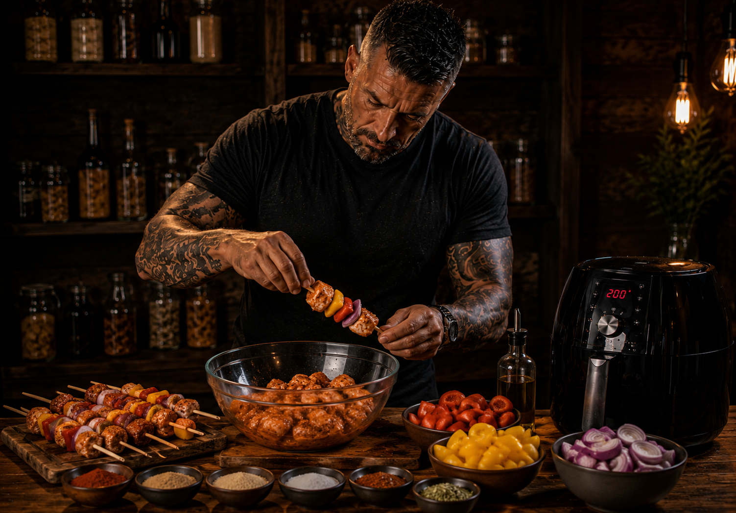 Air-Fryer Cajun BBQ Chicken Skewer Boxes preparation stage