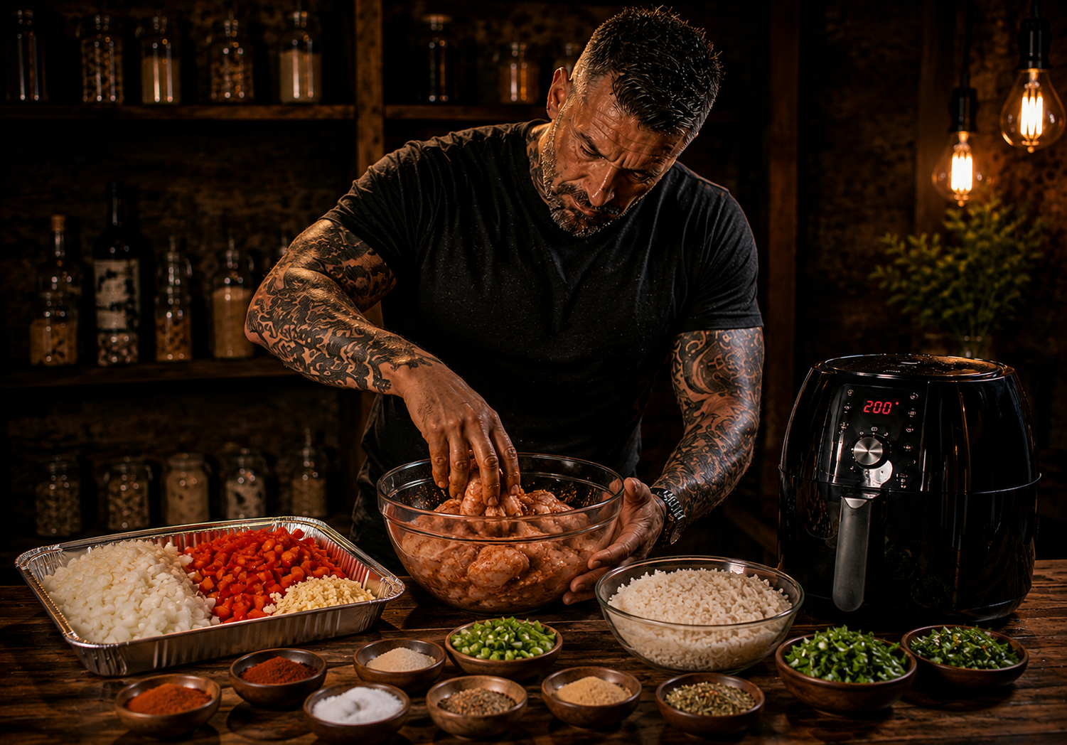 Air-Fryer Cajun Chicken Dirty Rice Boxes preparation stage