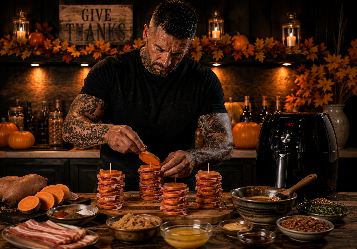 AIR-FRYER CANDIED SWEET POTATO BACON STACKS preparation stage