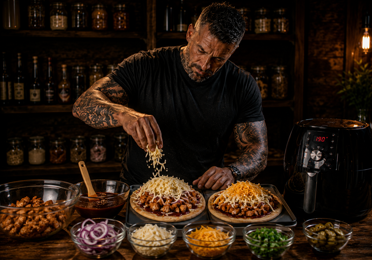 Air-Fryer Charred BBQ Chicken Flatbreads preparation stage