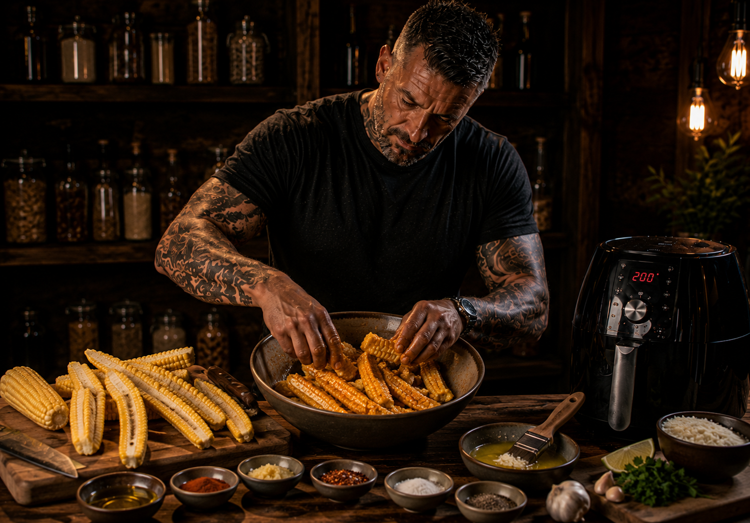 Air-Fryer Charred Corn Rib BBQ Trays preparation stage