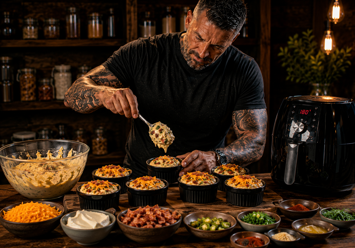Air Fryer Charred Jalapeño Popper Cornbread Pots preparation stage