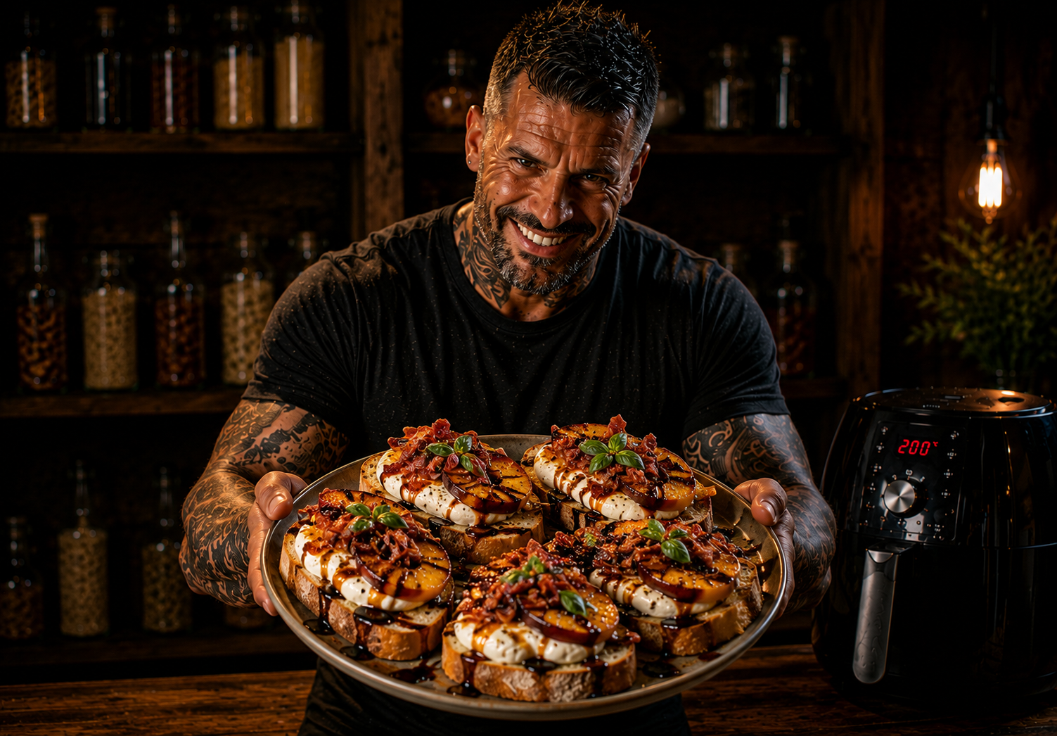 Air Fryer Charred Peach & Burrata BBQ Toasts
