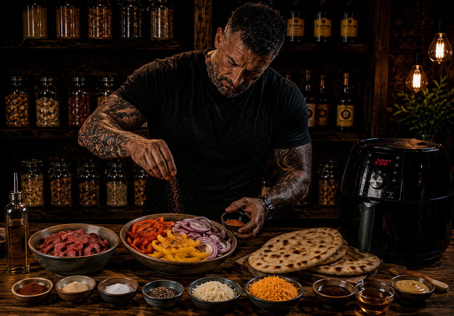 Air Fryer Charred Pepper Steak Flatbreads preparation stage