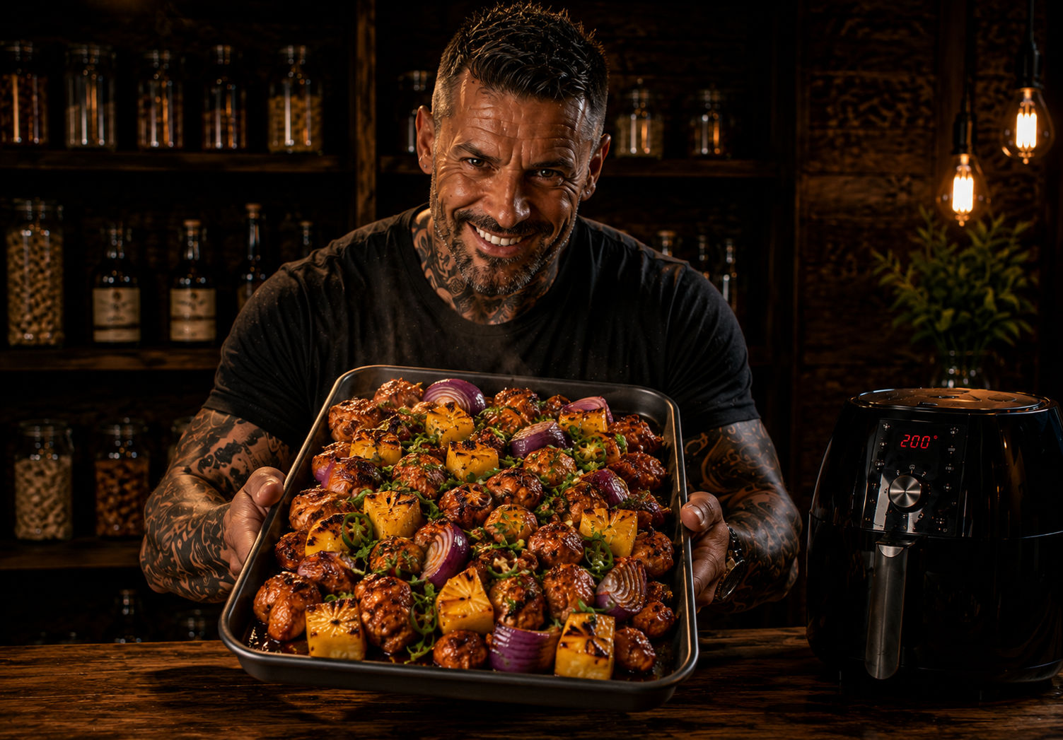 Air-Fryer Charred Pineapple BBQ Chicken Trays