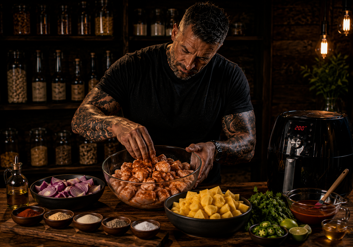 Air-Fryer Charred Pineapple BBQ Chicken Trays preparation stage