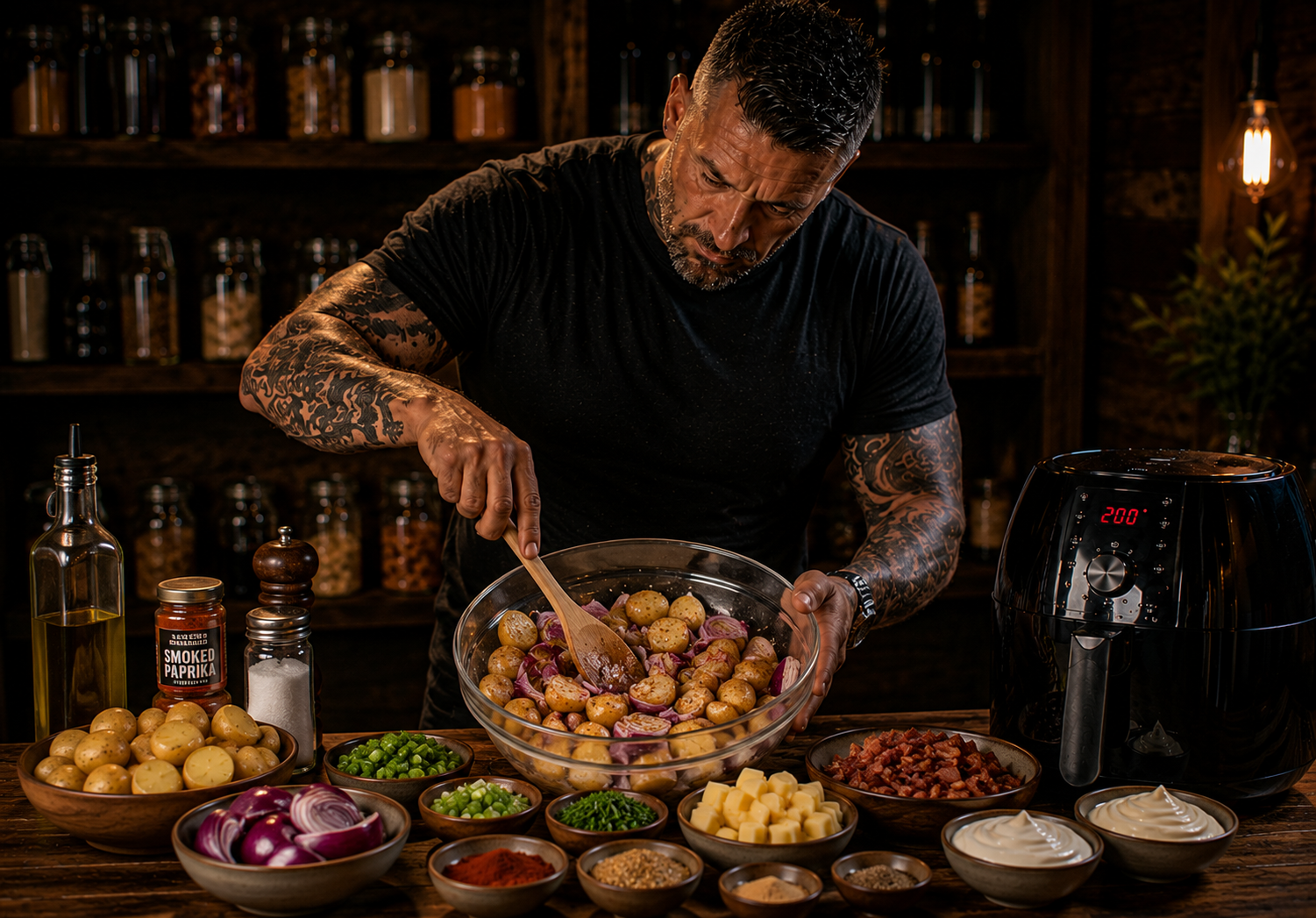 Air Fryer Charred Red Onion & Cheddar Potato Salad preparation stage