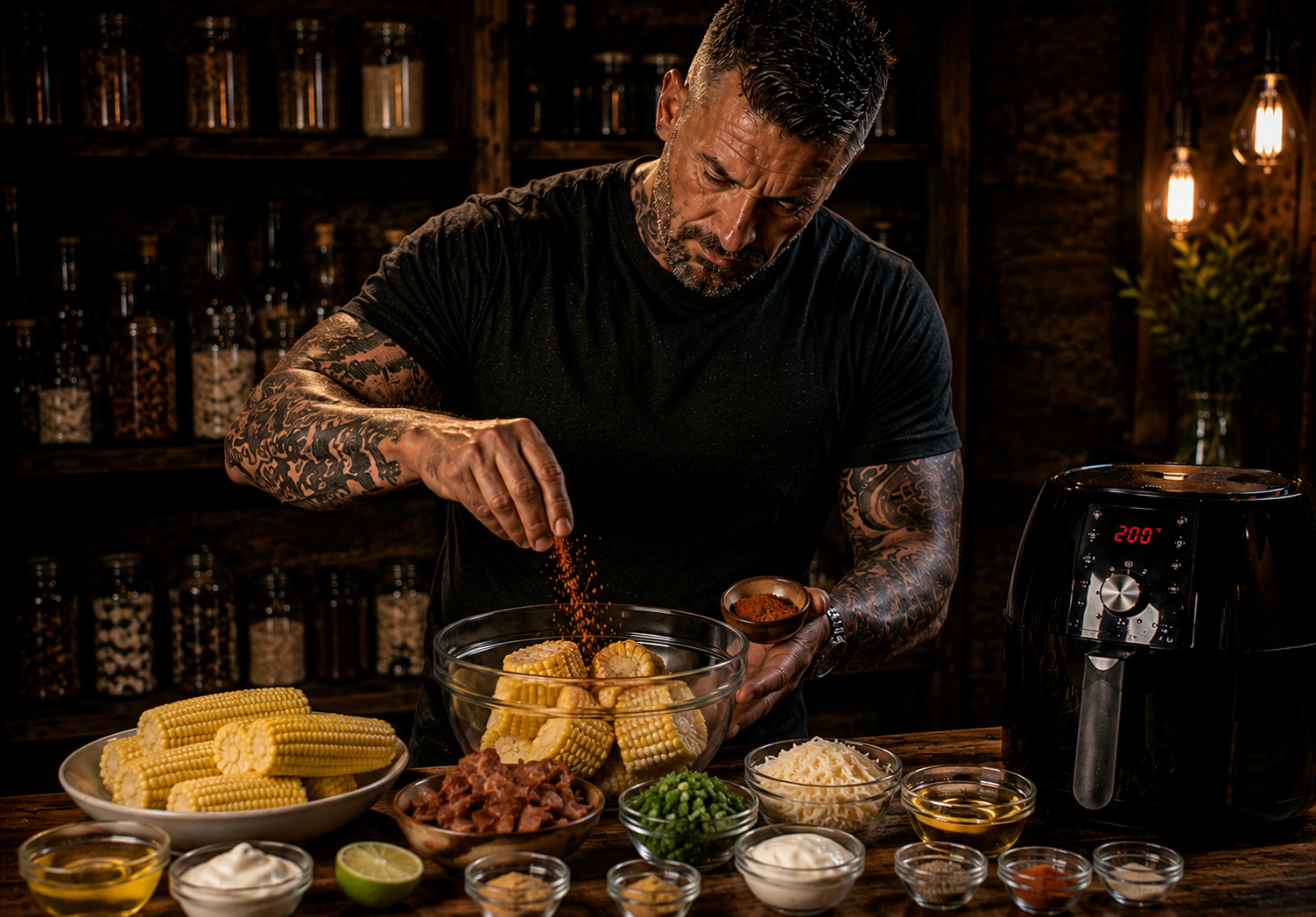 Air Fryer Charred Sweetcorn Elote Cups preparation stage