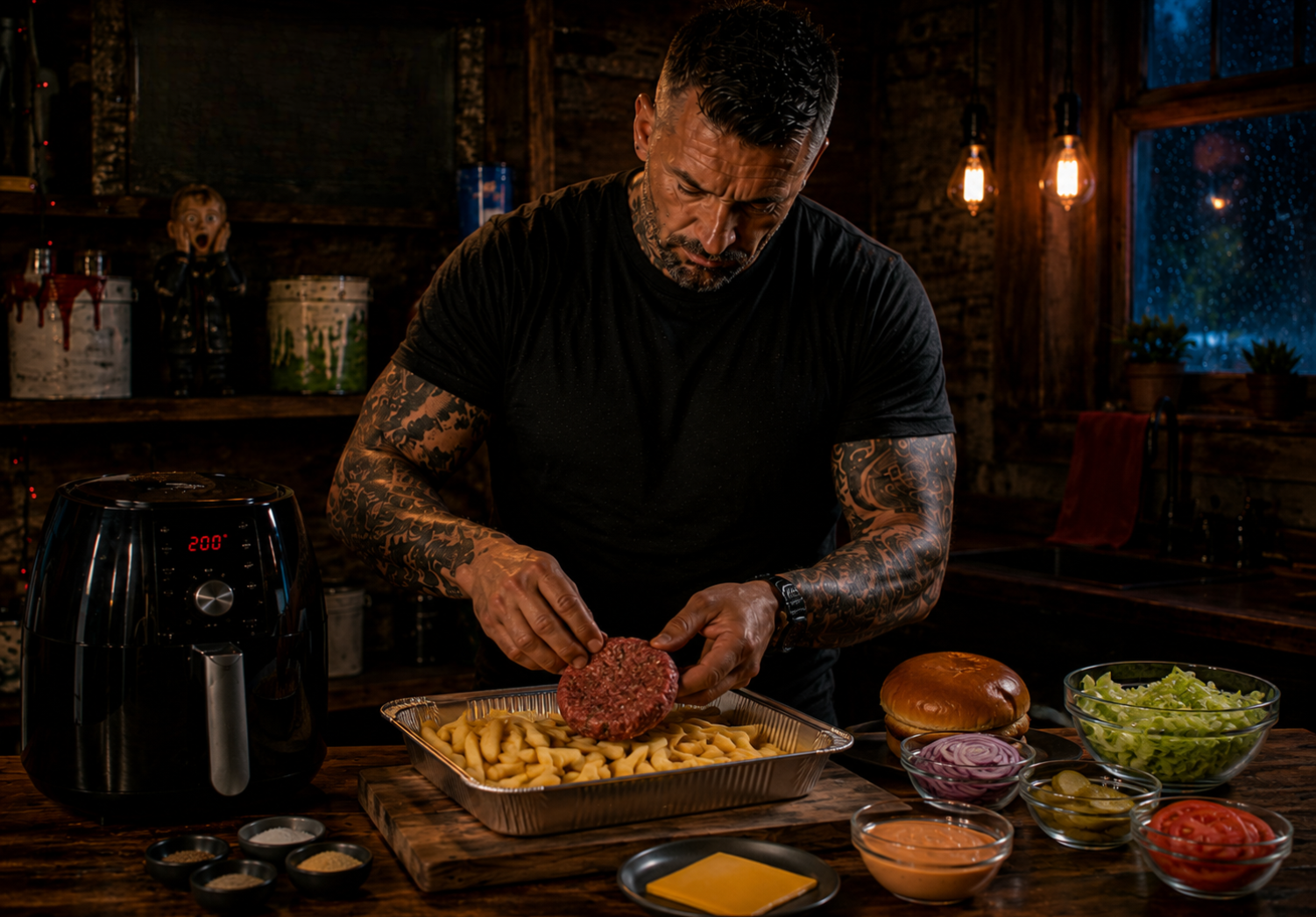 Air-Fryer Cheeseburger & Fries Tray preparation stage