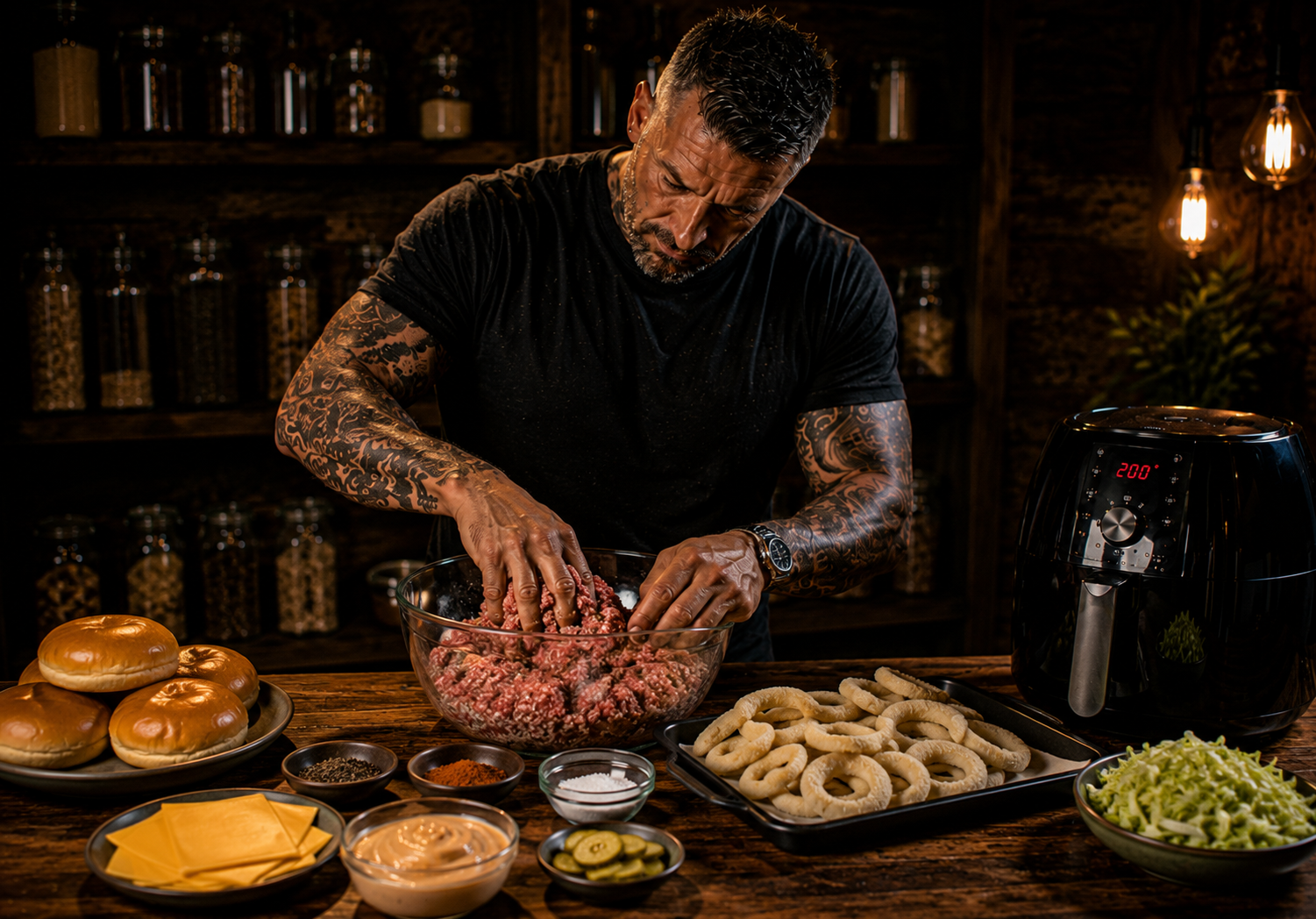 Air-Fryer Cheeseburger Onion Ring Stackers preparation stage