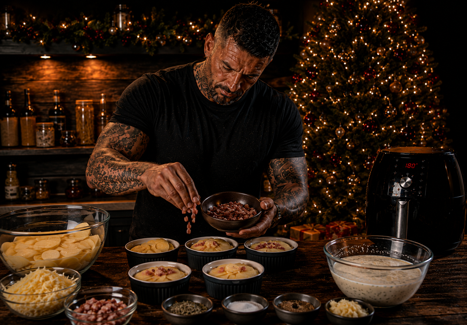 Air-Fryer Cheese & Bacon Potato Dauphinoise Pots preparation stage