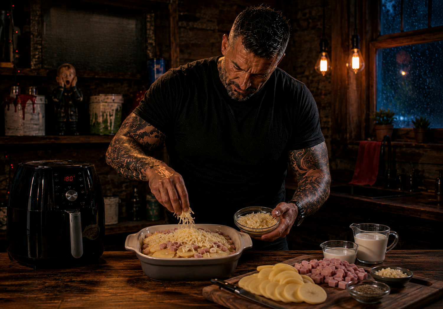 Air-Fryer Cheese & Ham Potato Bake preparation stage