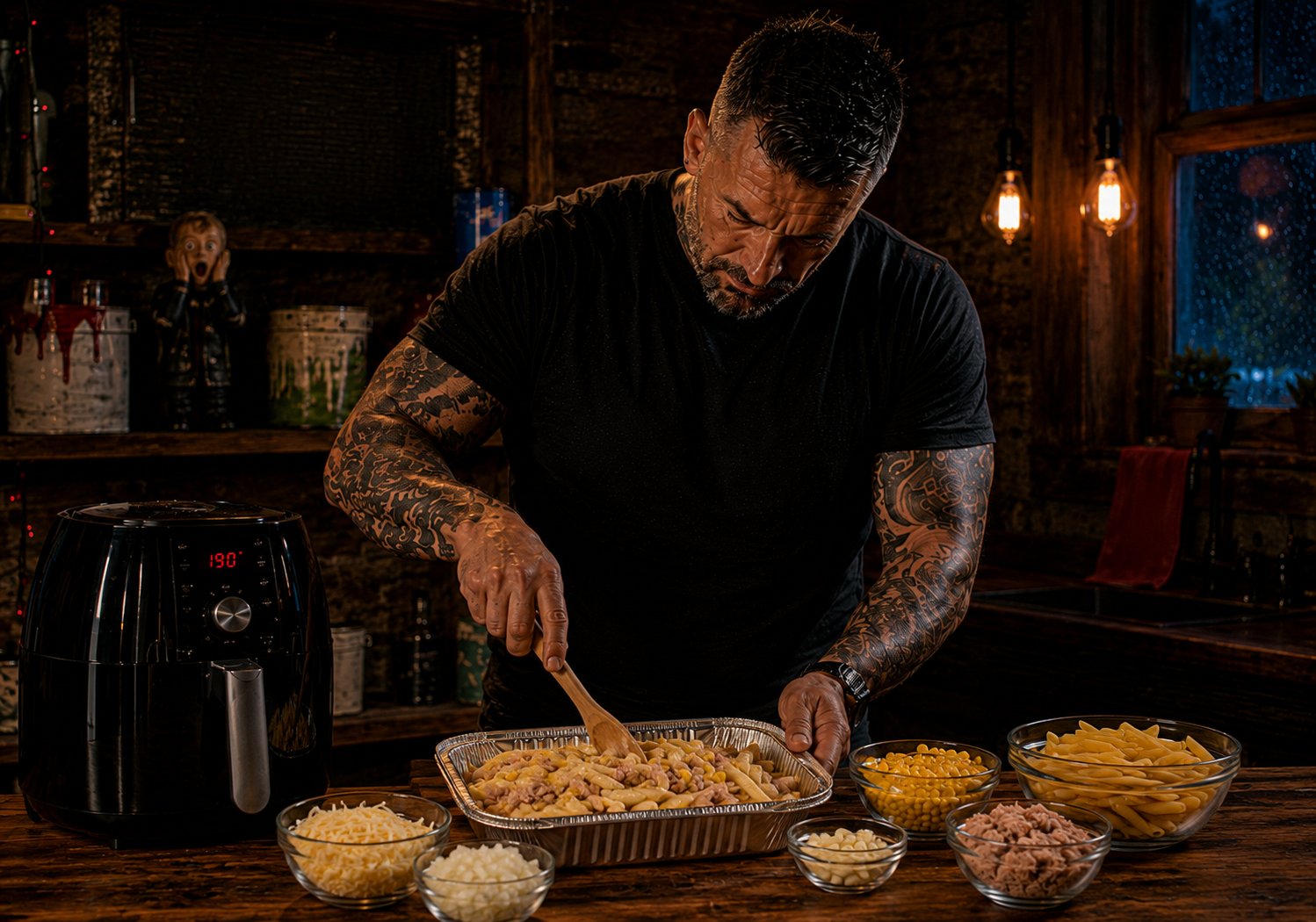 Air-Fryer Cheesy Tuna Pasta Pot preparation stage