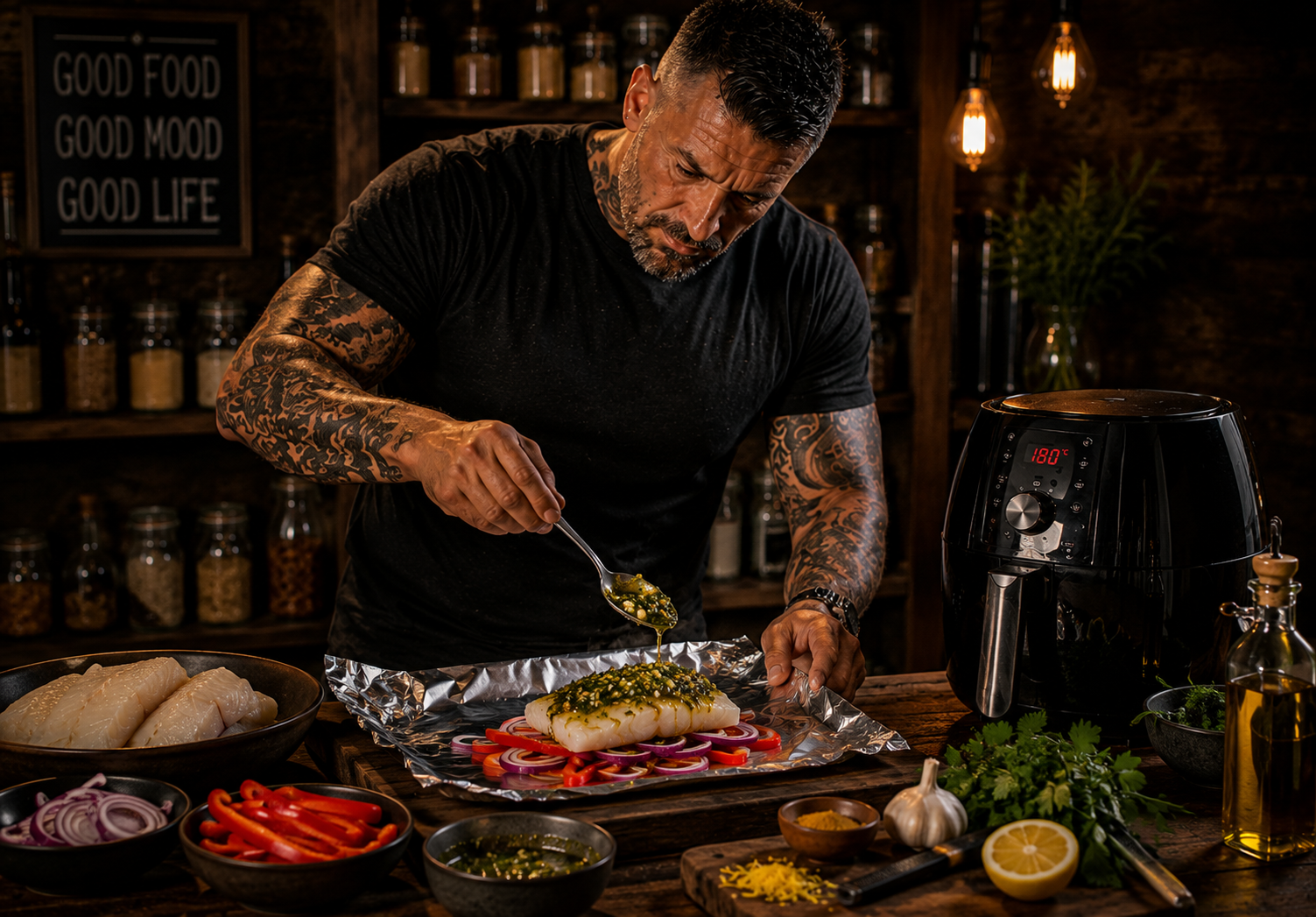 Air-Fryer Moroccan Chermoula Cod Parcels preparation stage