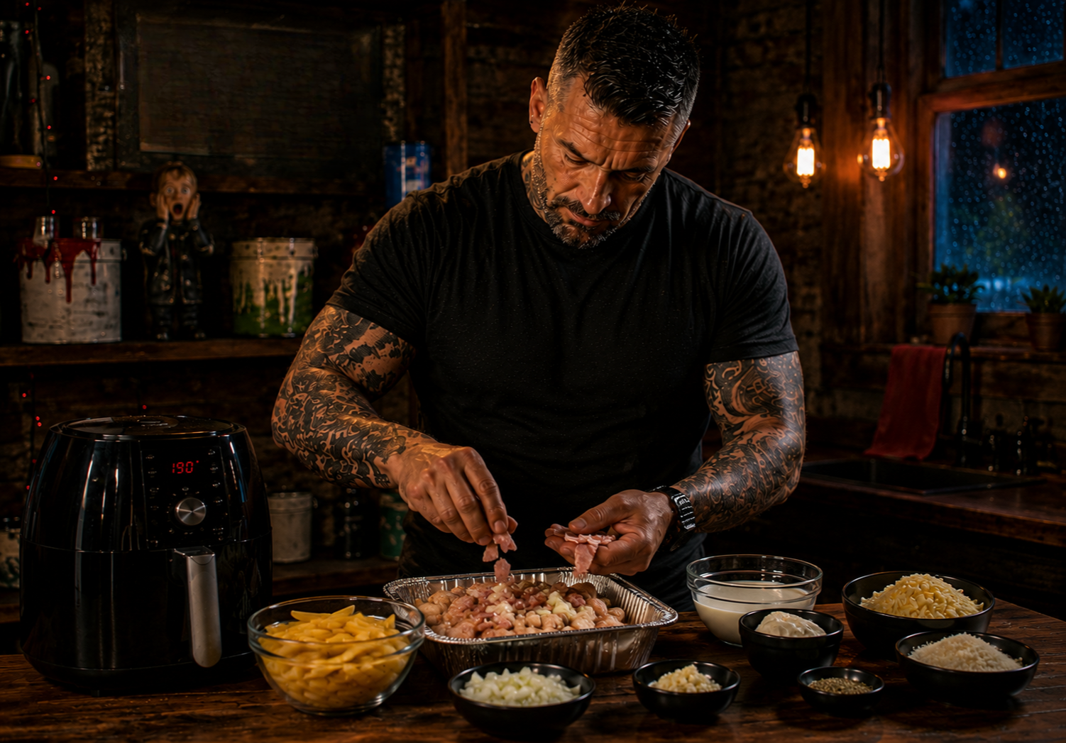 Air-Fryer Chicken & Bacon Pasta Bake preparation stage
