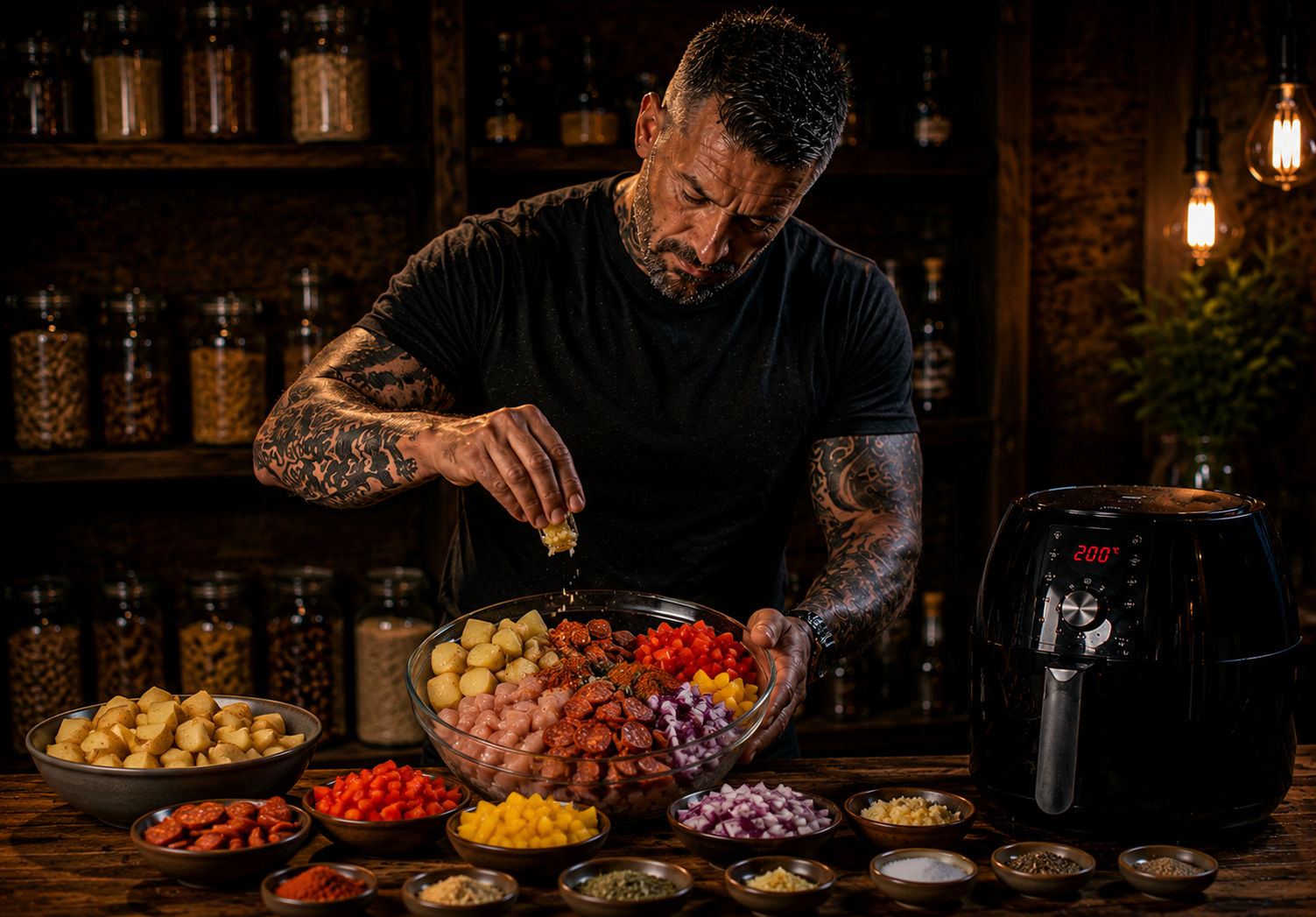 Air-Fryer Chicken & Chorizo Potato Hash preparation stage