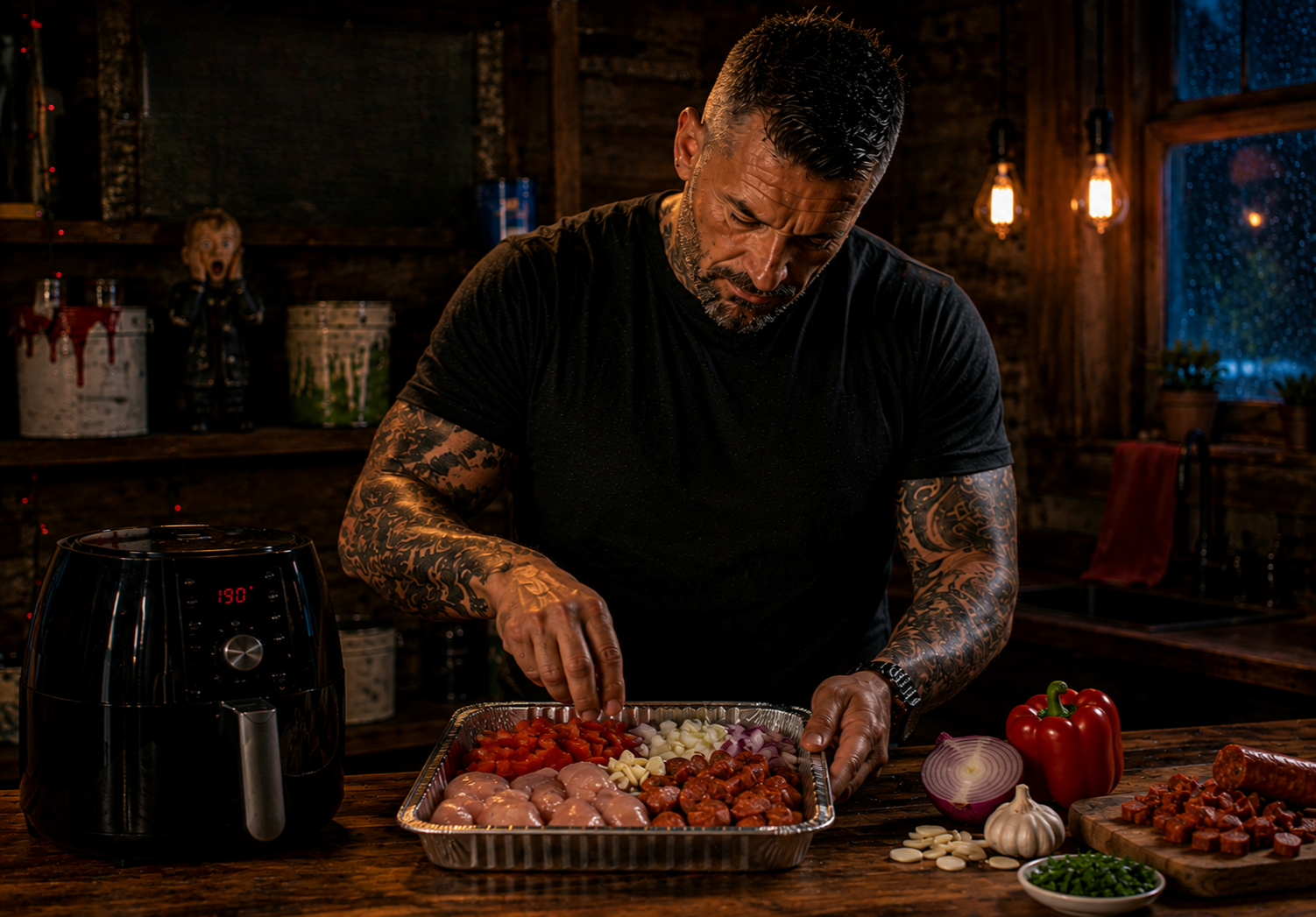 Air-Fryer Chicken & Chorizo Rice Bowl preparation stage