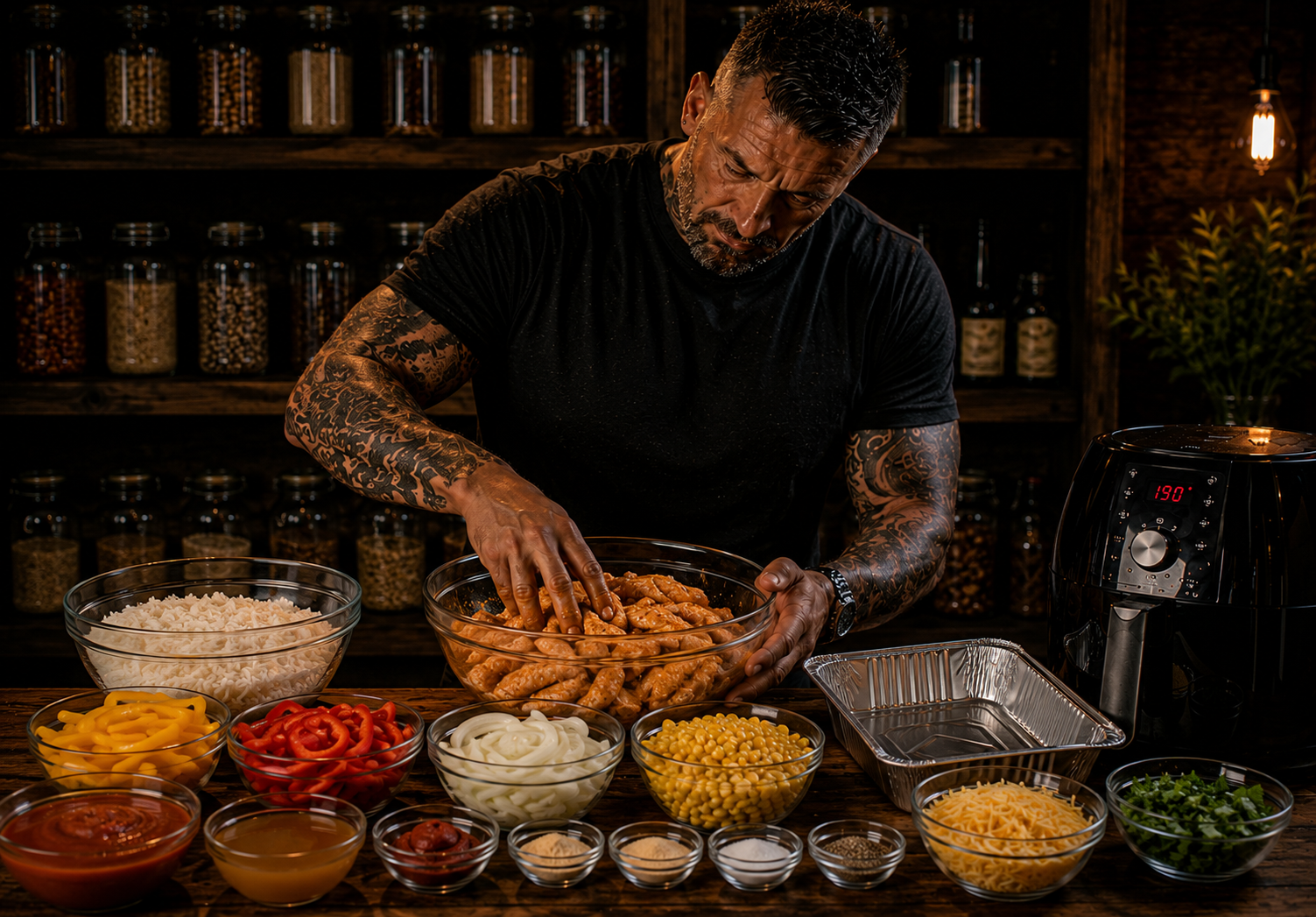 Air-Fryer Chicken Fajita Rice Bake preparation stage