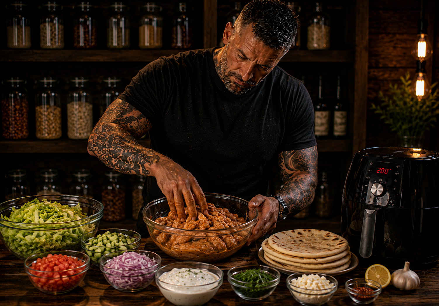 Air-Fryer Chicken Gyros Loaded Flatbreads preparation stage