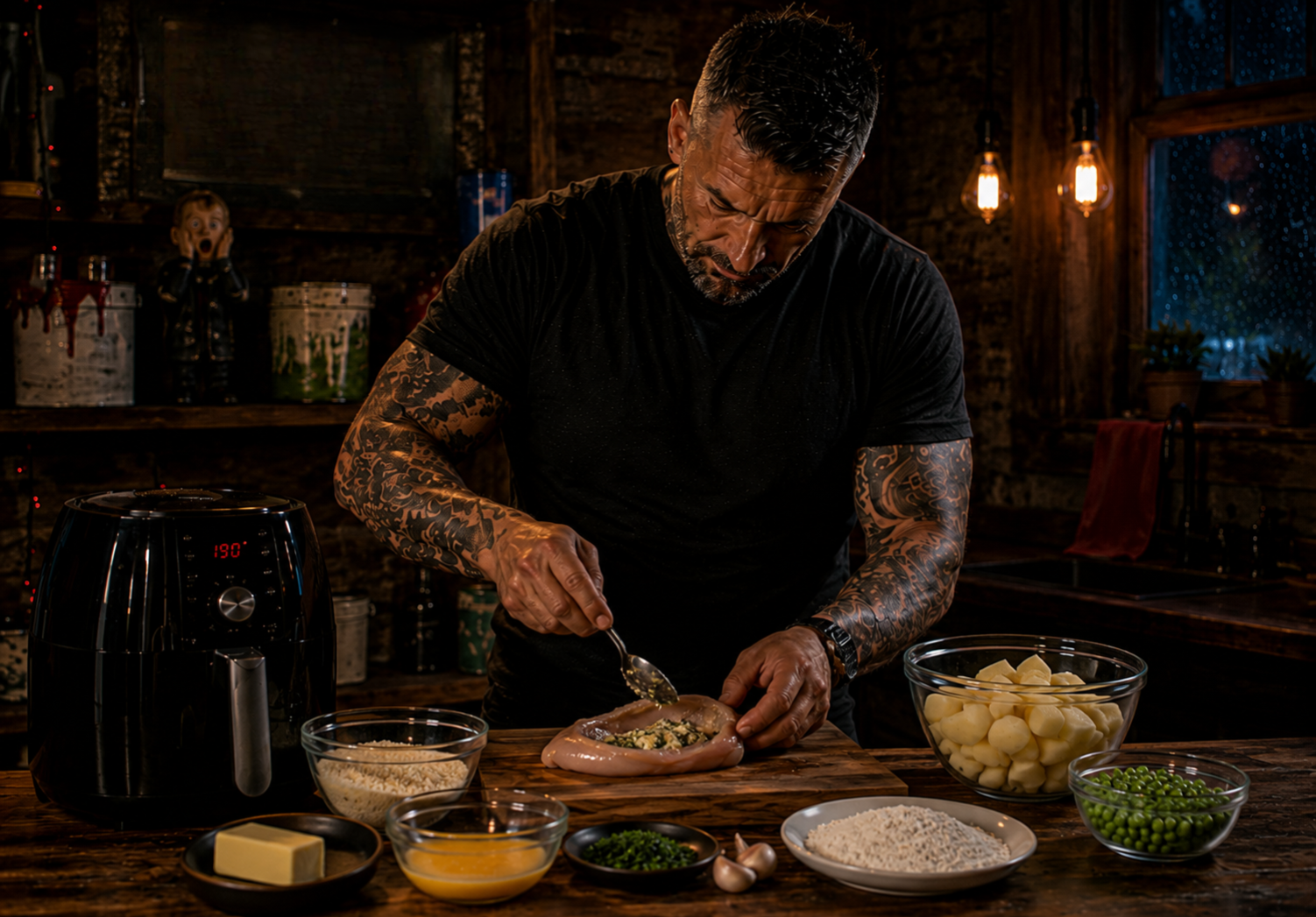 Air-Fryer Chicken Kiev Mash Bowl preparation stage