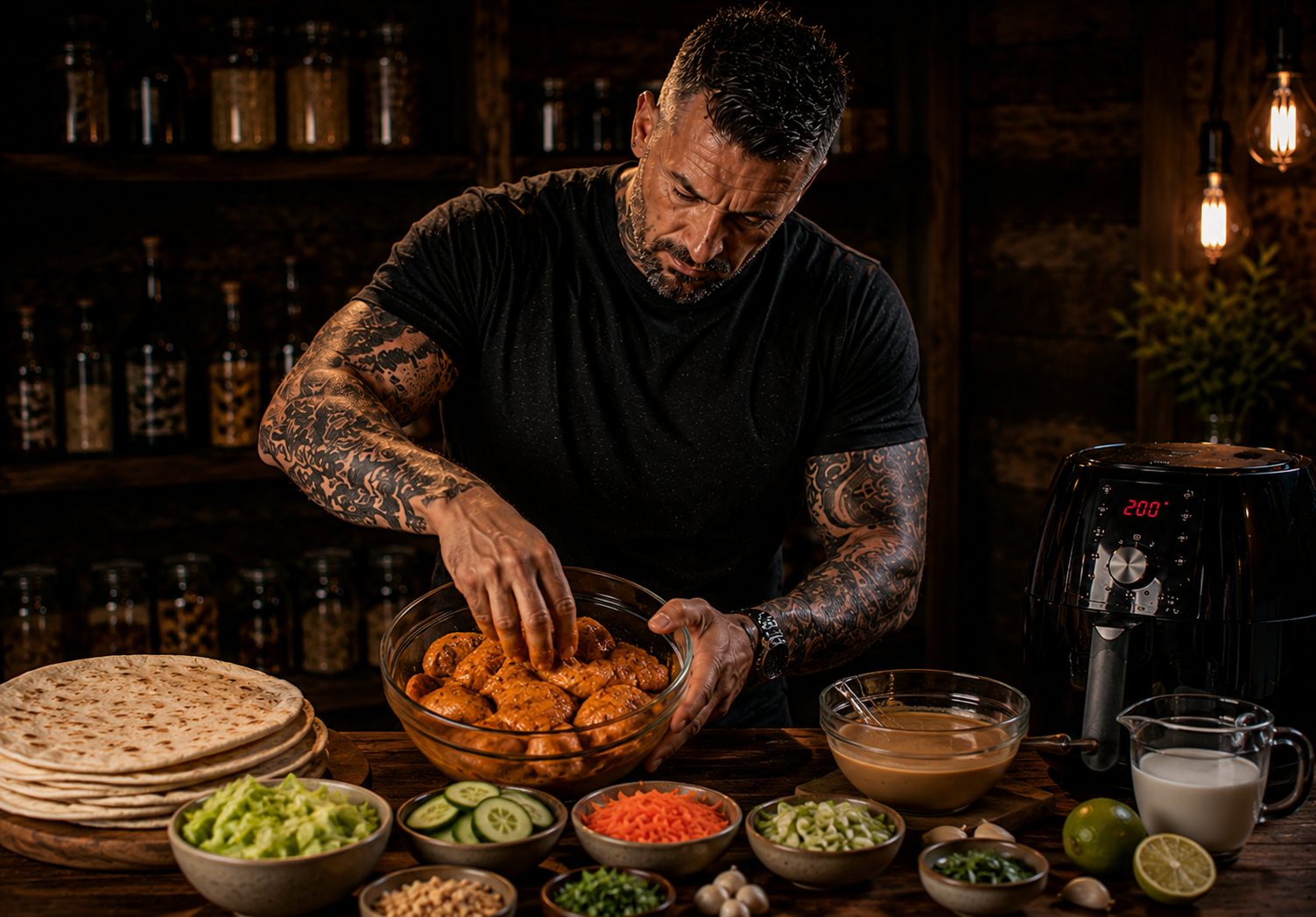 Air-Fryer Chicken Satay Loaded Flatbreads preparation stage