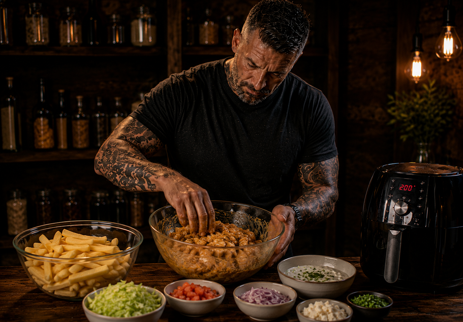 Air-Fryer Chicken Shawarma Loaded Fries preparation stage