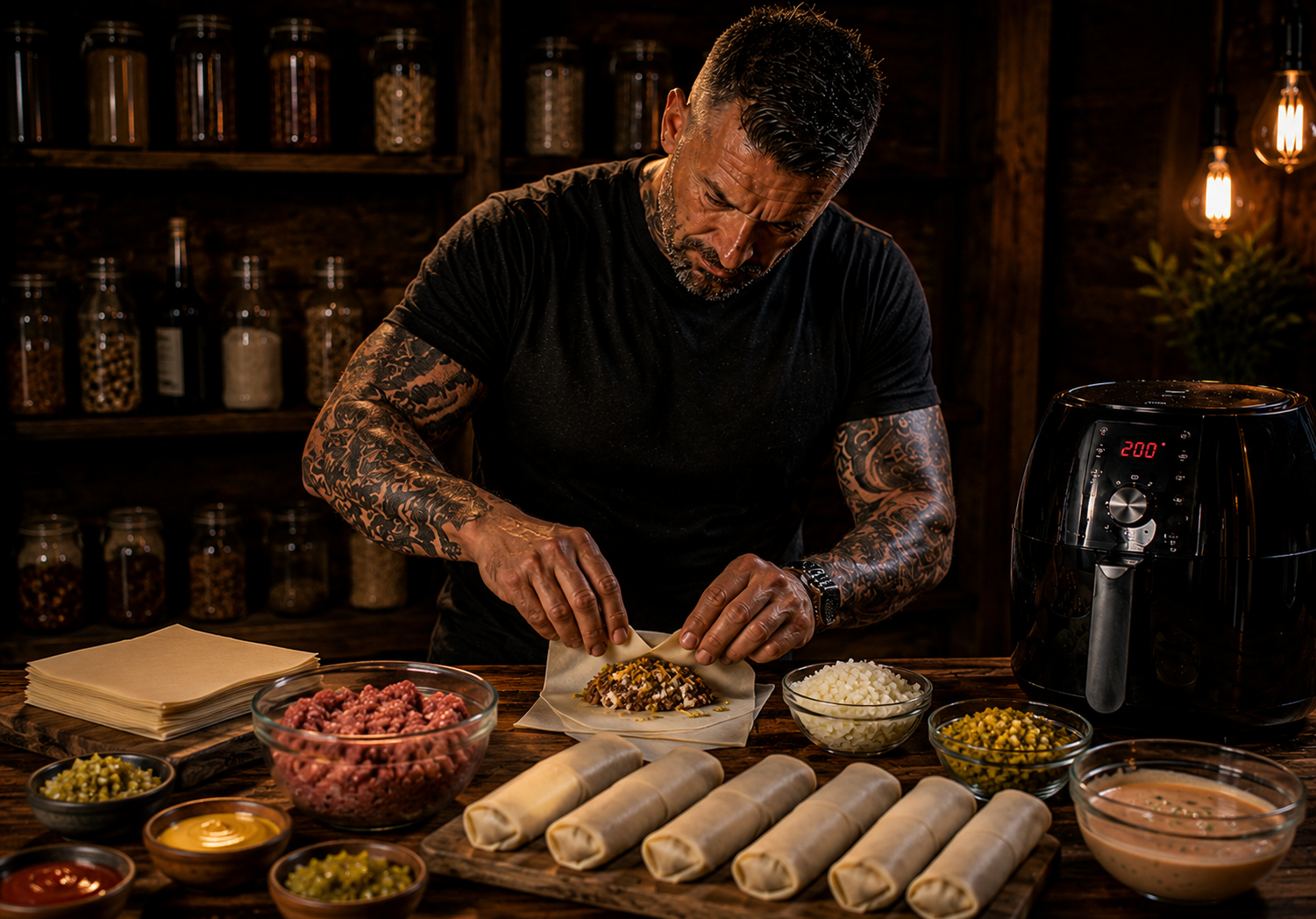 Air-Fryer Chilli Cheeseburger Spring Roll Bites preparation stage