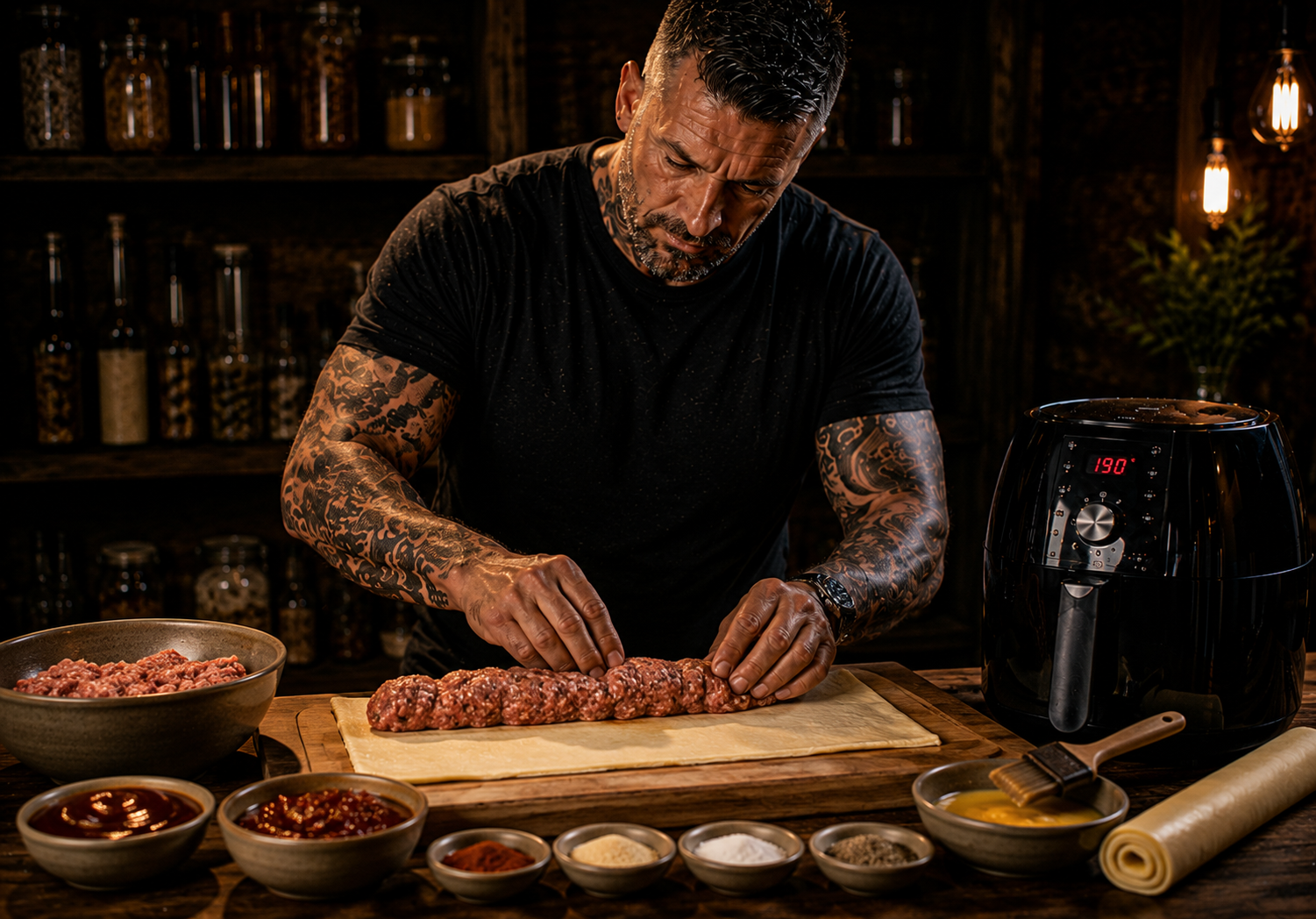 Air-Fryer Chilli Jam BBQ Sausage Rolls preparation stage
