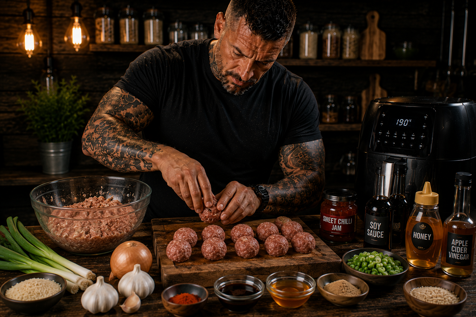 Air-Fryer Chilli Jam Pork Meatballs preparation stage